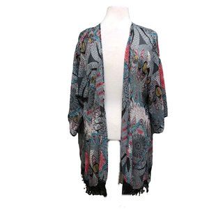 Persaya Multicolor Boho Print Open Kimono with Fringe